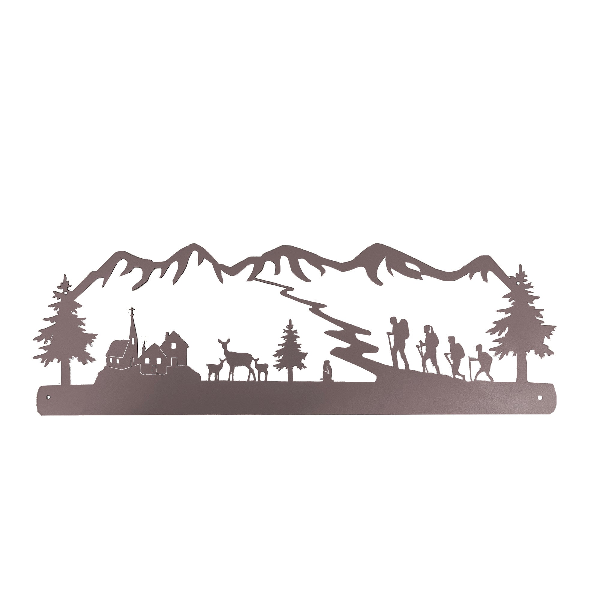 Paesaggio da parete con famiglia di trekking, cervi e paesino, Accessori  Montagna